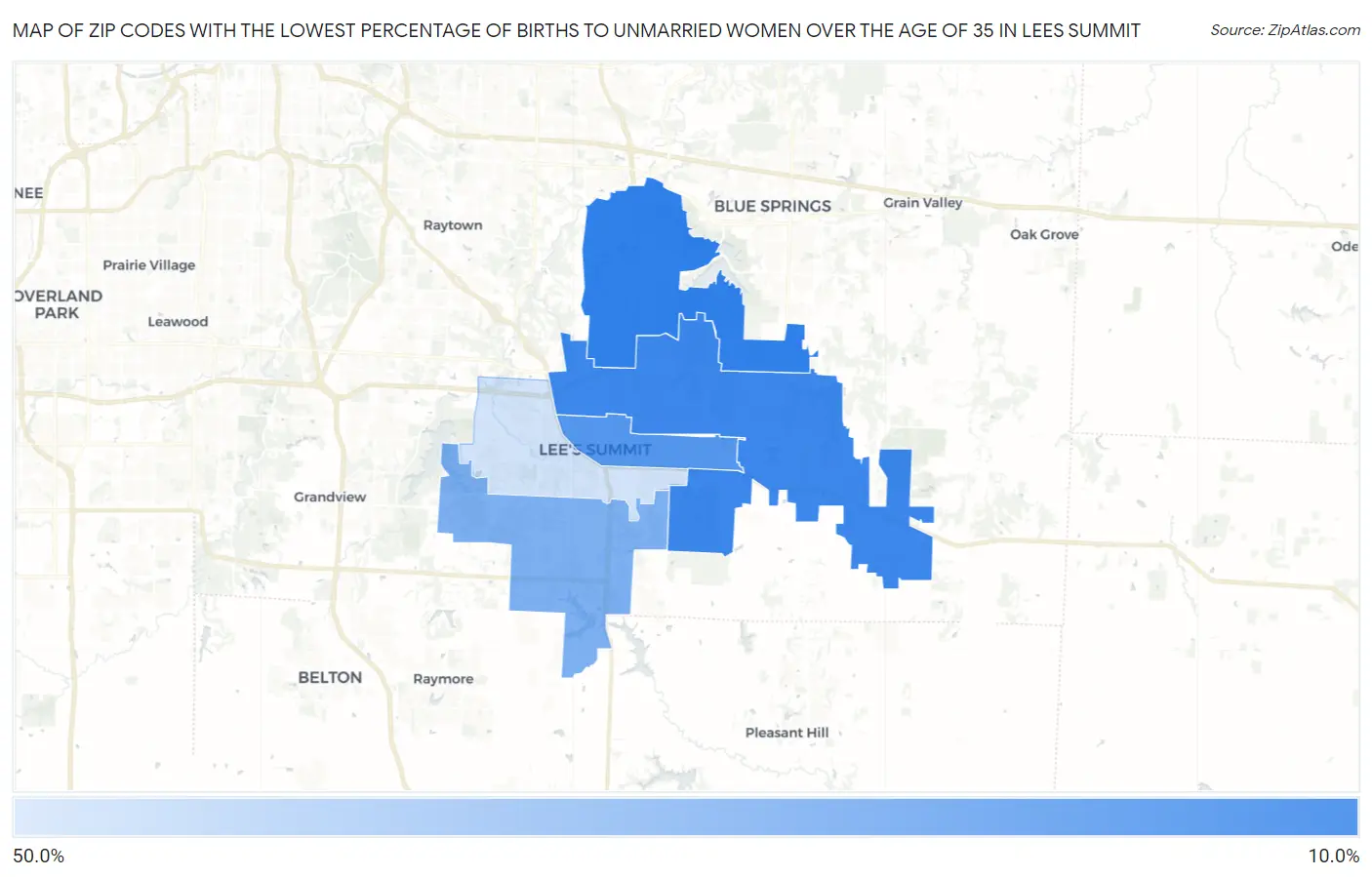 Zip Codes with the Lowest Percentage of Births to Unmarried Women over the Age of 35 in Lees Summit Map