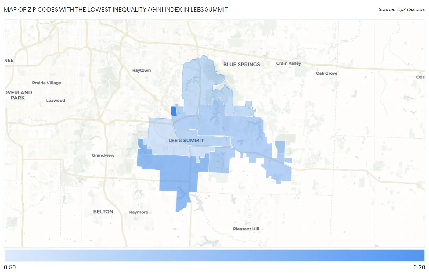 Zip Codes with the Lowest Inequality / Gini Index in Lees Summit Map