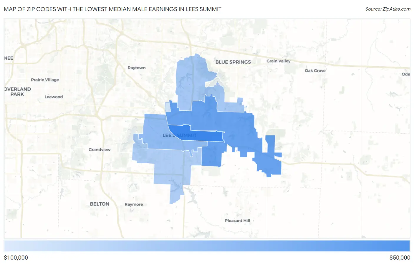 Zip Codes with the Lowest Median Male Earnings in Lees Summit Map