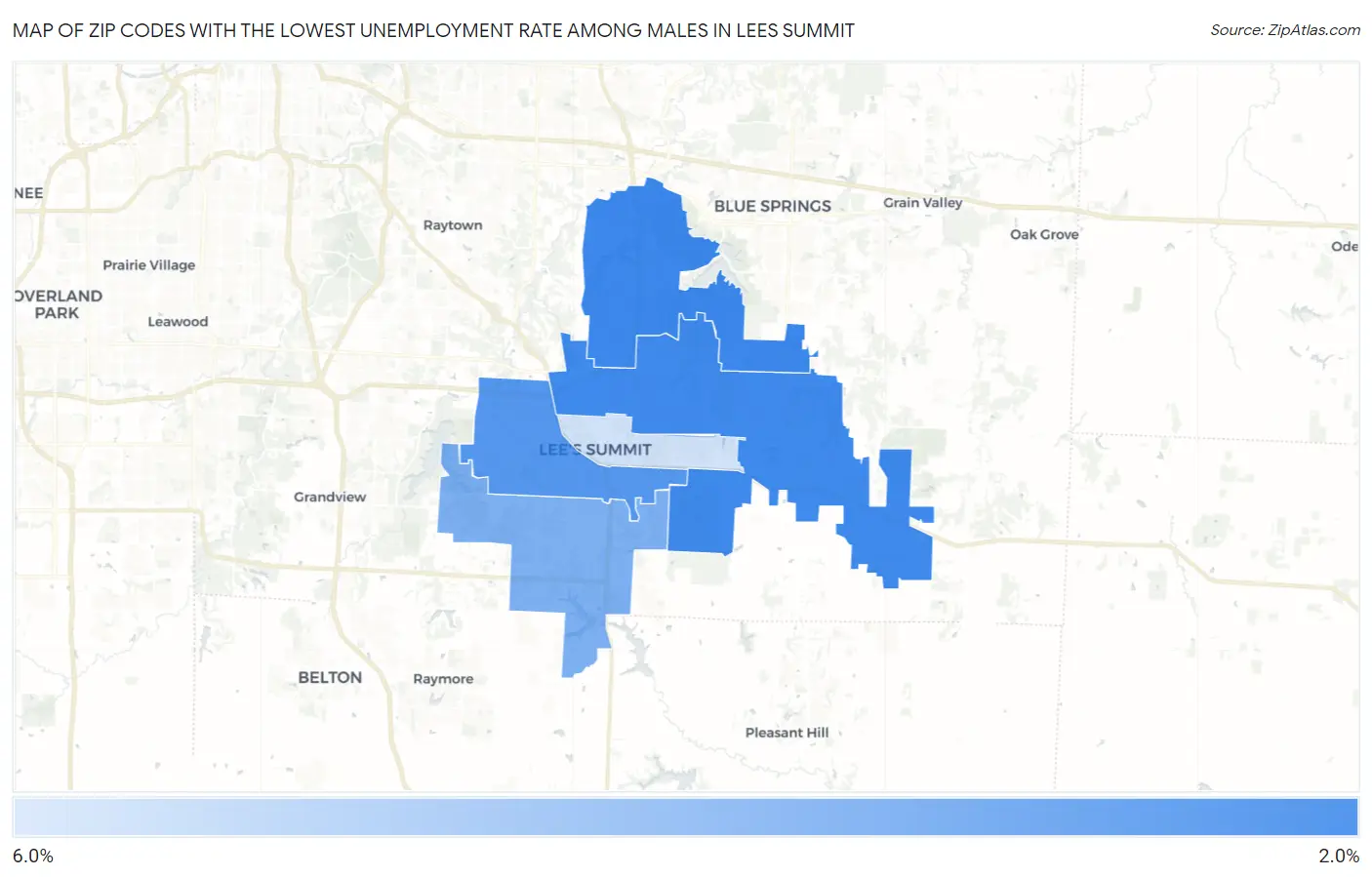 Zip Codes with the Lowest Unemployment Rate Among Males in Lees Summit Map