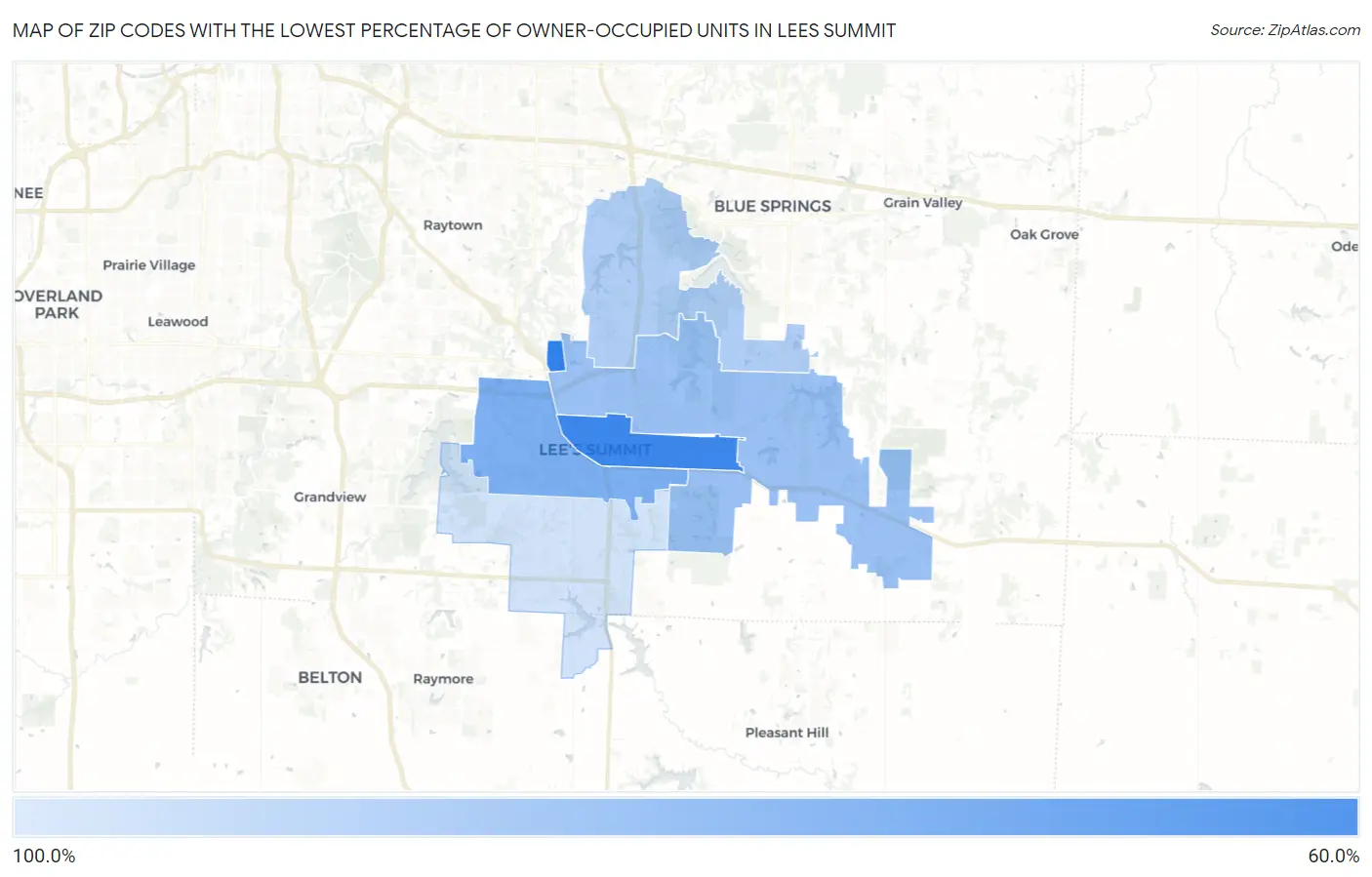Zip Codes with the Lowest Percentage of Owner-Occupied Units in Lees Summit Map