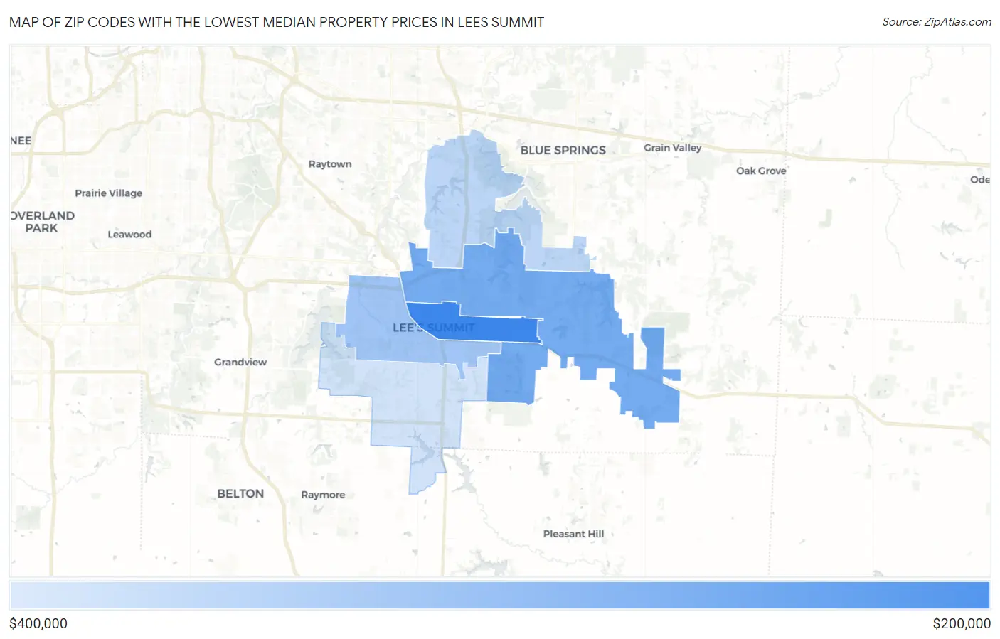 Zip Codes with the Lowest Median Property Prices in Lees Summit Map