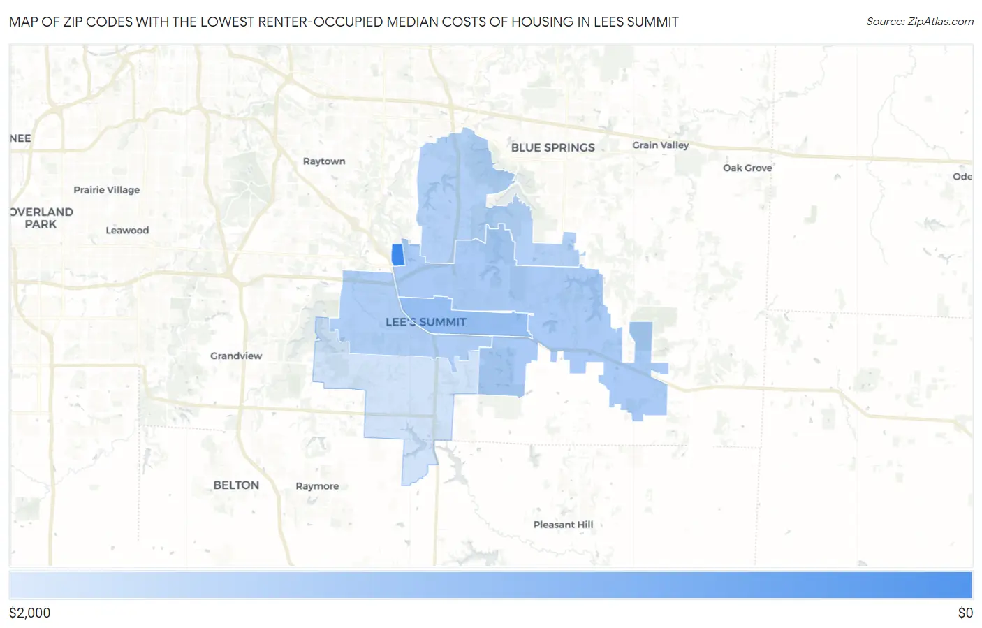 Zip Codes with the Lowest Renter-Occupied Median Costs of Housing in Lees Summit Map