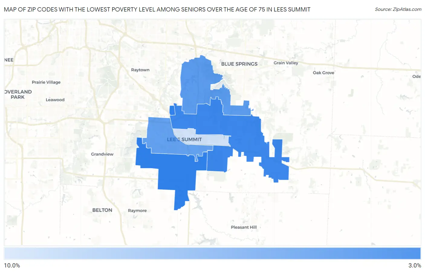 Zip Codes with the Lowest Poverty Level Among Seniors Over the Age of 75 in Lees Summit Map