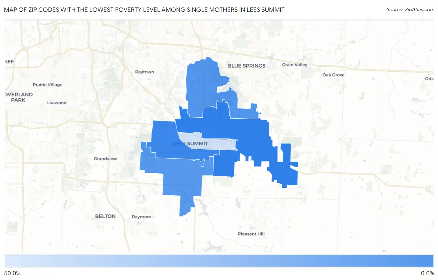 Zip Codes with the Lowest Poverty Level Among Single Mothers in Lees Summit Map