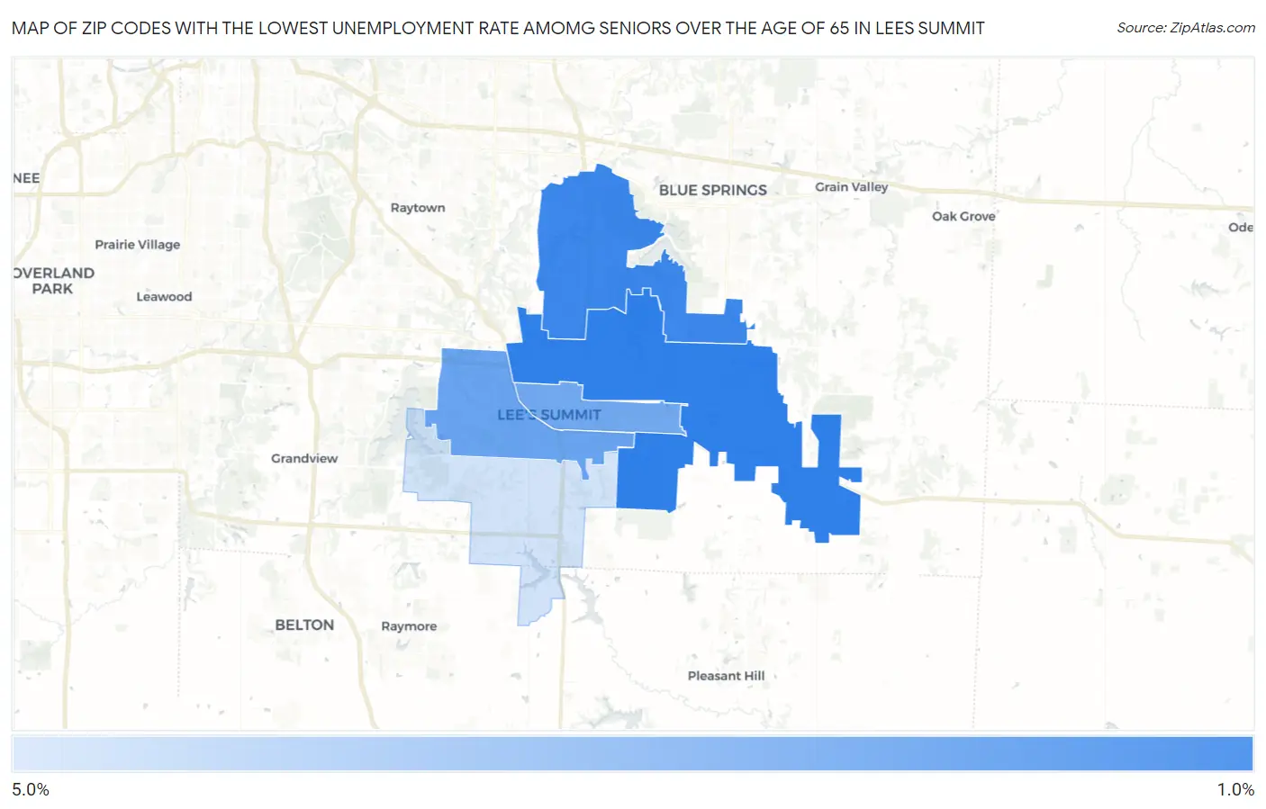 Zip Codes with the Lowest Unemployment Rate Amomg Seniors Over the Age of 65 in Lees Summit Map