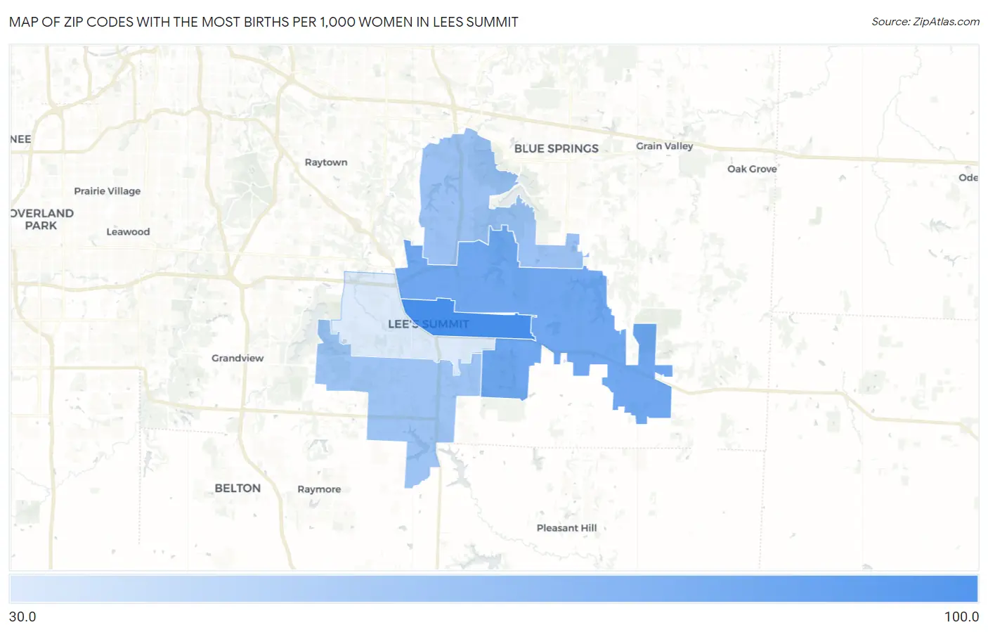 Zip Codes with the Most Births per 1,000 Women in Lees Summit Map