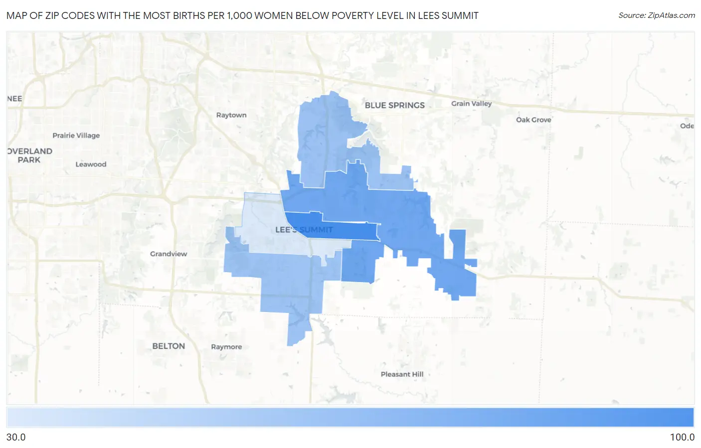 Zip Codes with the Most Births per 1,000 Women Below Poverty Level in Lees Summit Map