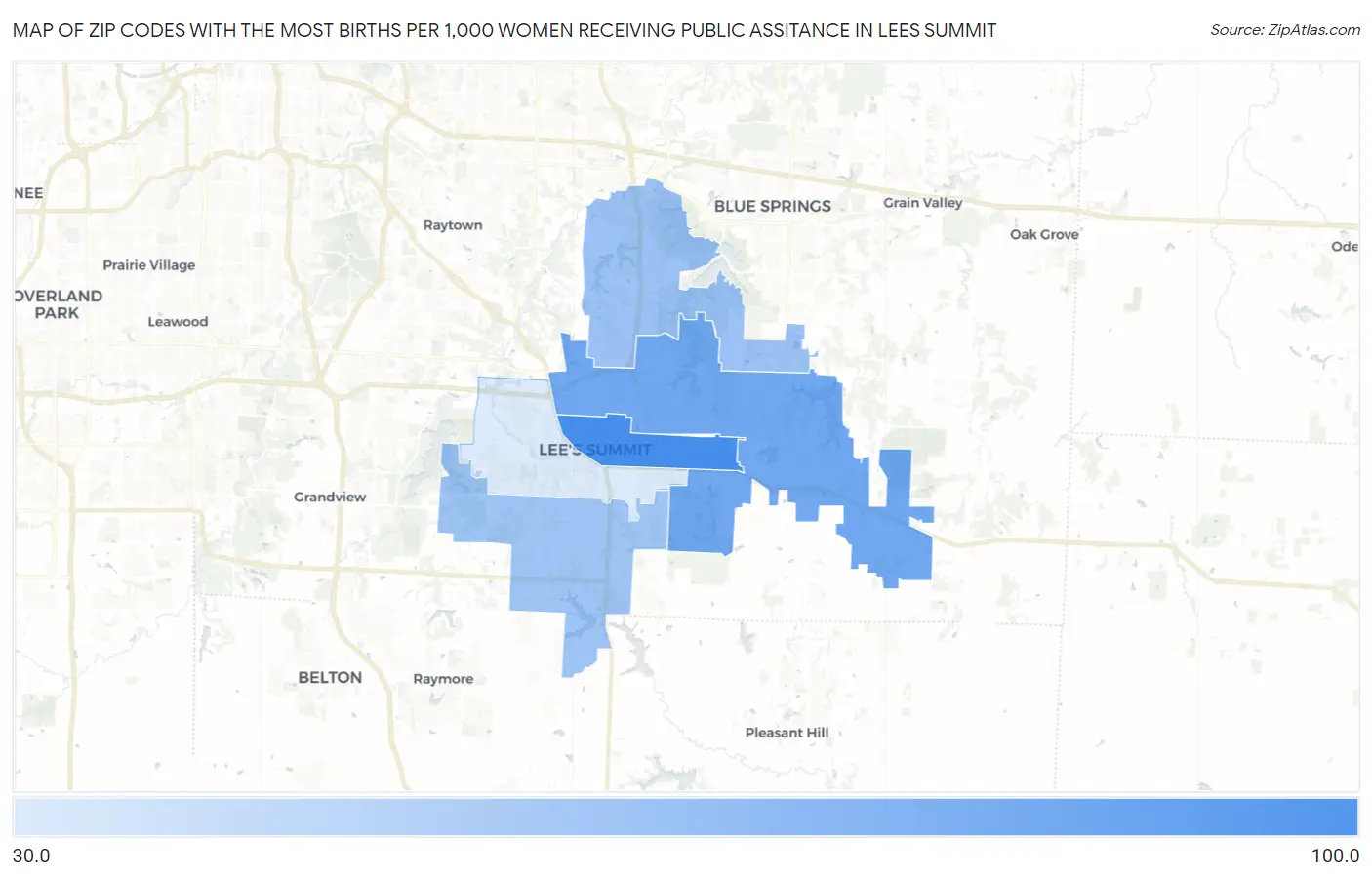 Zip Codes with the Most Births per 1,000 Women Receiving Public Assitance in Lees Summit Map