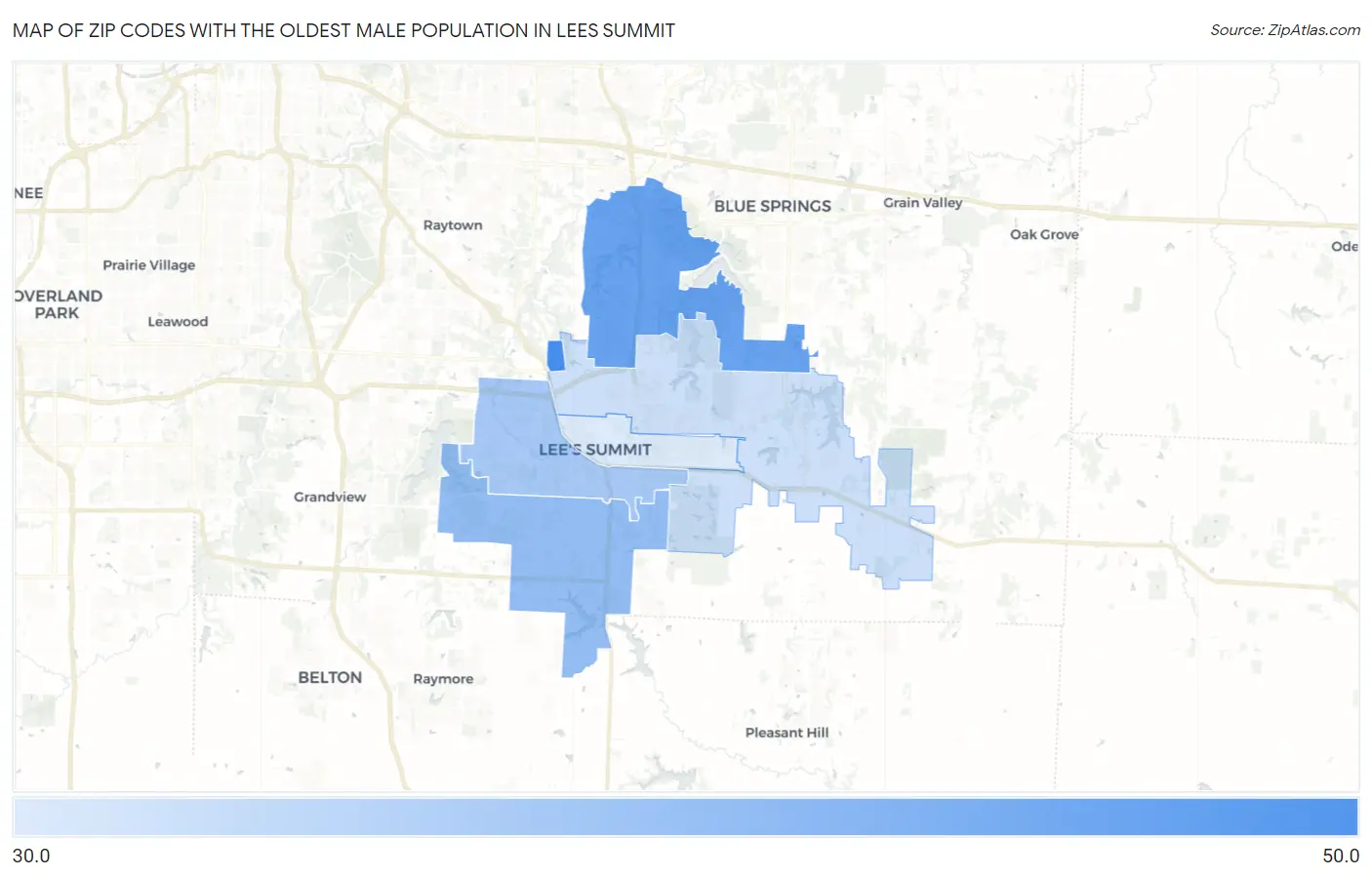 Zip Codes with the Oldest Male Population in Lees Summit Map