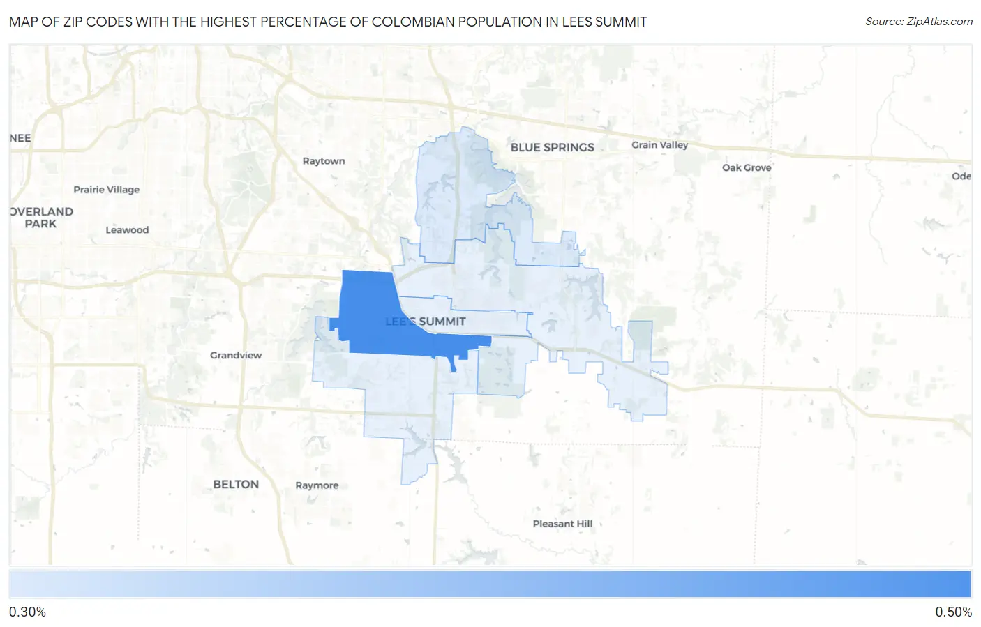 Zip Codes with the Highest Percentage of Colombian Population in Lees Summit Map