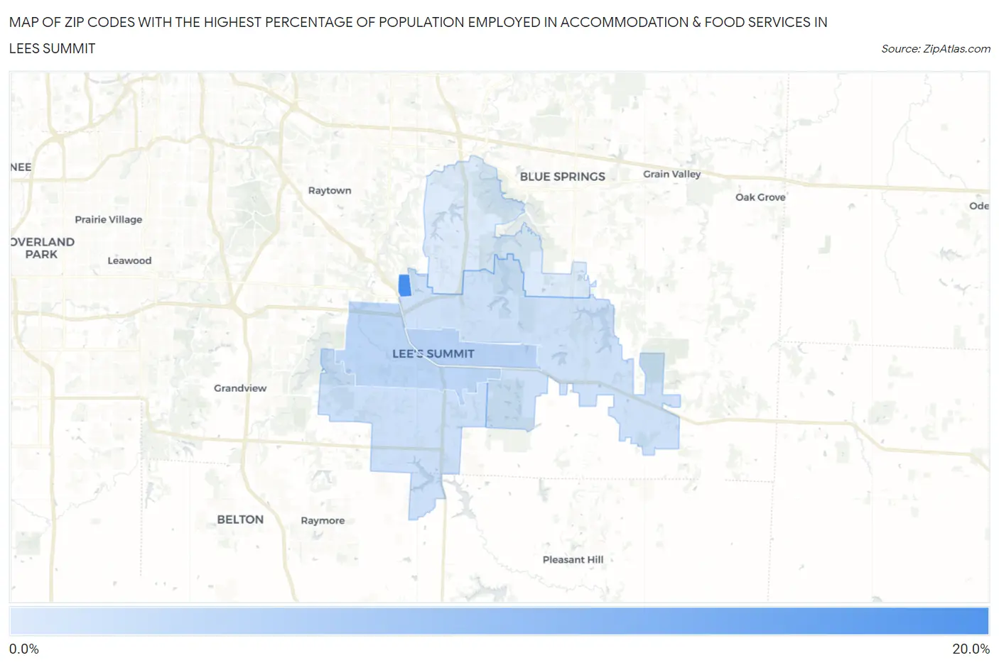 Zip Codes with the Highest Percentage of Population Employed in Accommodation & Food Services in Lees Summit Map