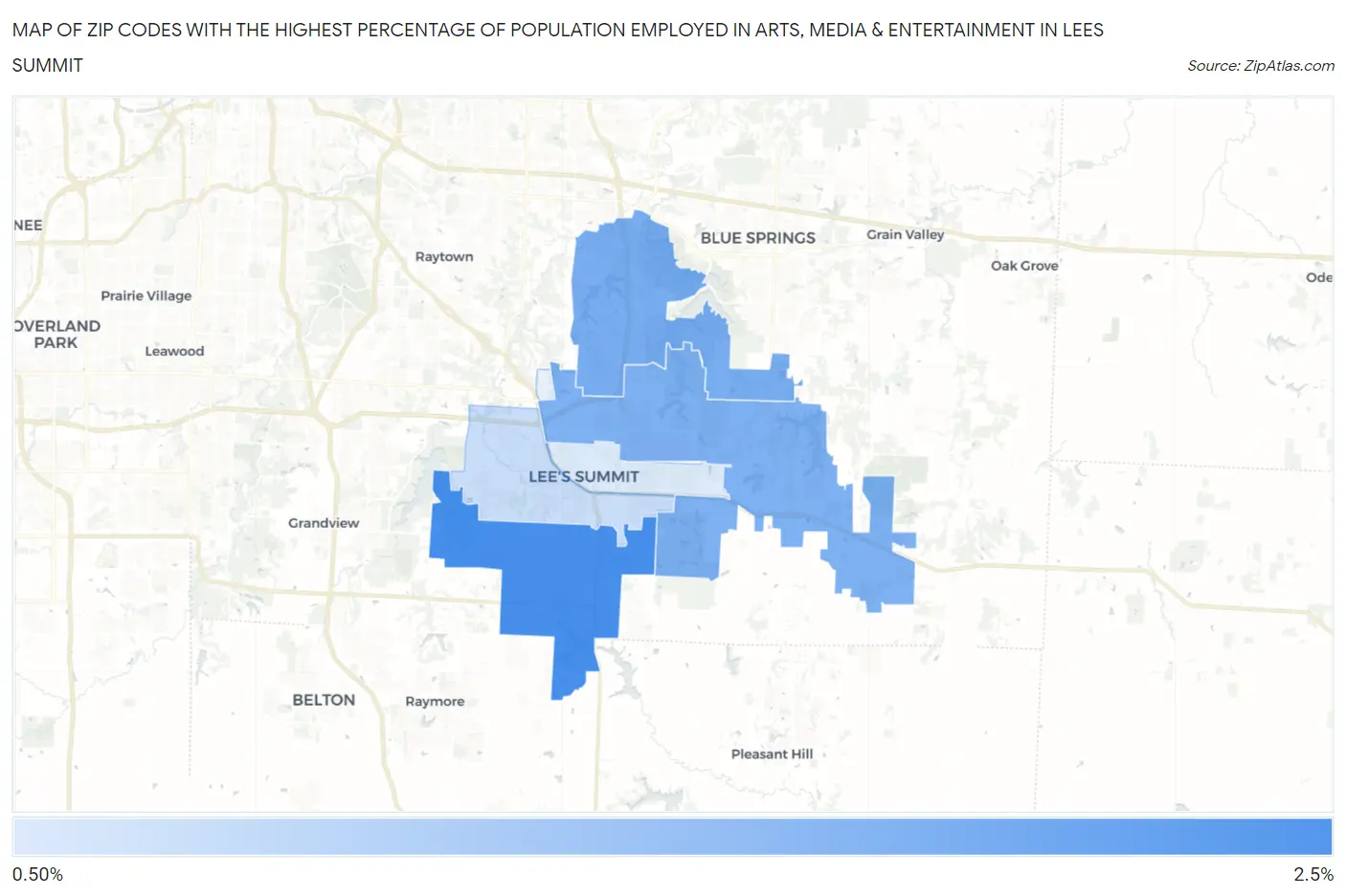 Zip Codes with the Highest Percentage of Population Employed in Arts, Media & Entertainment in Lees Summit Map