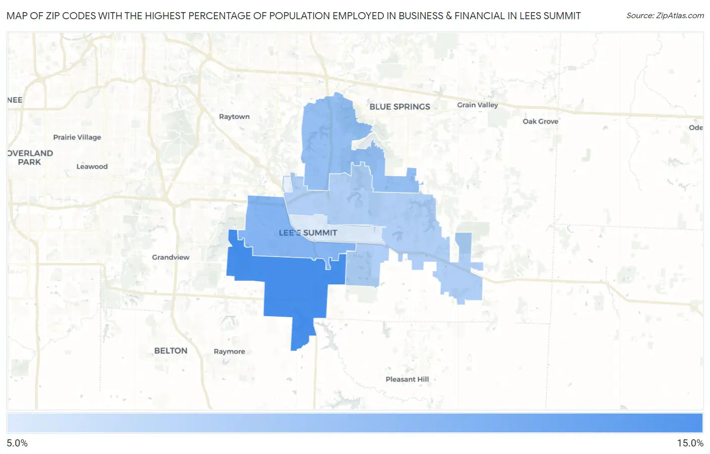 Zip Codes with the Highest Percentage of Population Employed in Business & Financial in Lees Summit Map