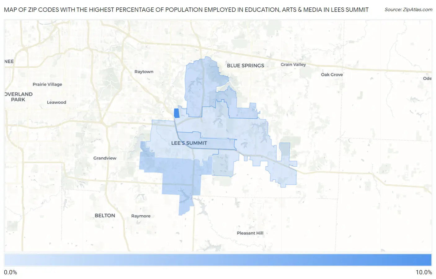 Zip Codes with the Highest Percentage of Population Employed in Education, Arts & Media in Lees Summit Map