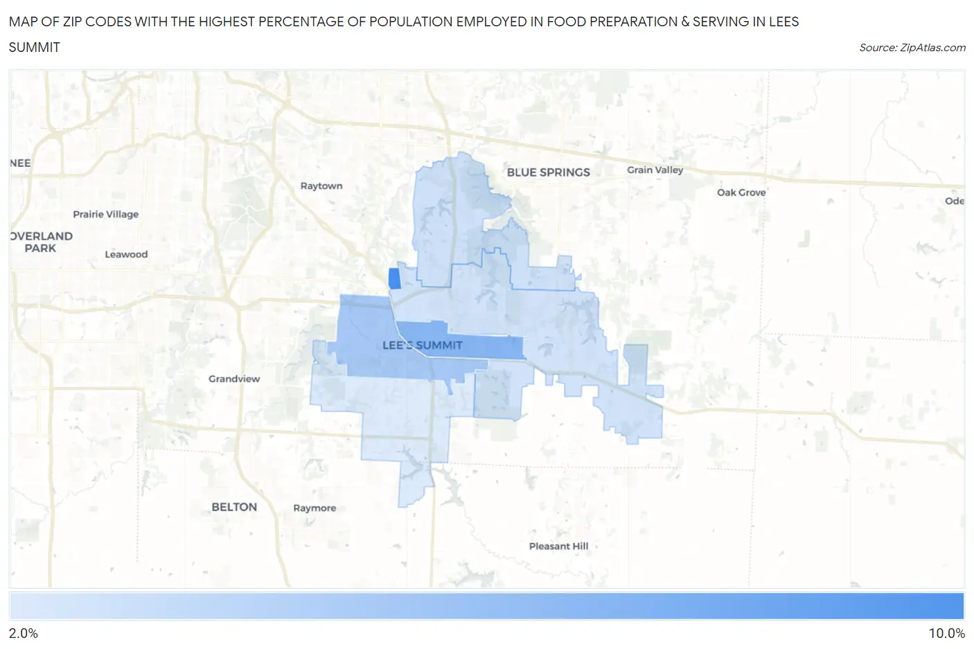 Zip Codes with the Highest Percentage of Population Employed in Food Preparation & Serving in Lees Summit Map