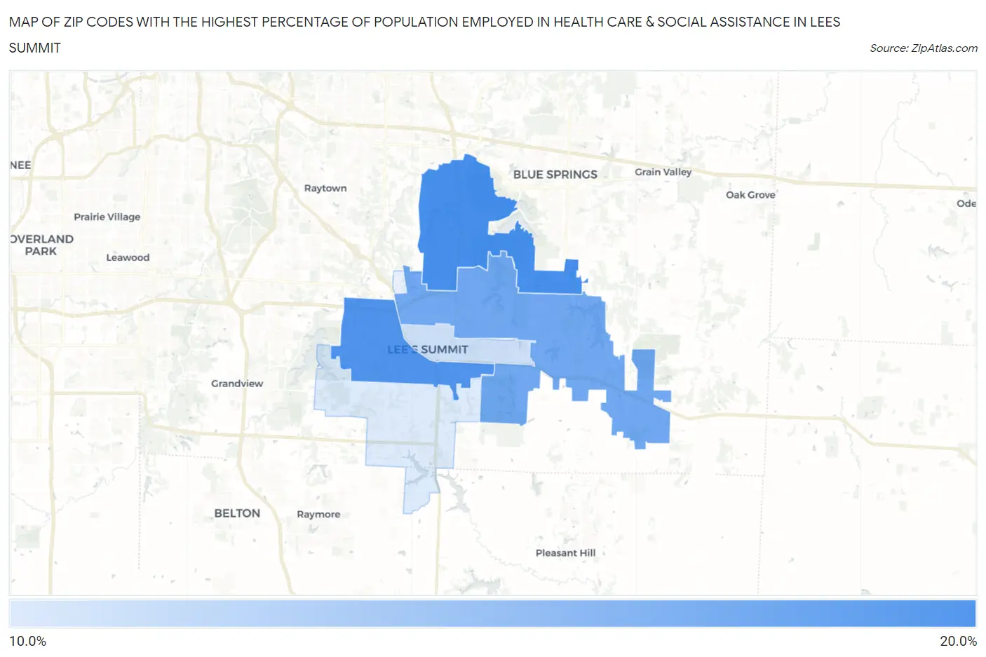 Zip Codes with the Highest Percentage of Population Employed in Health Care & Social Assistance in Lees Summit Map