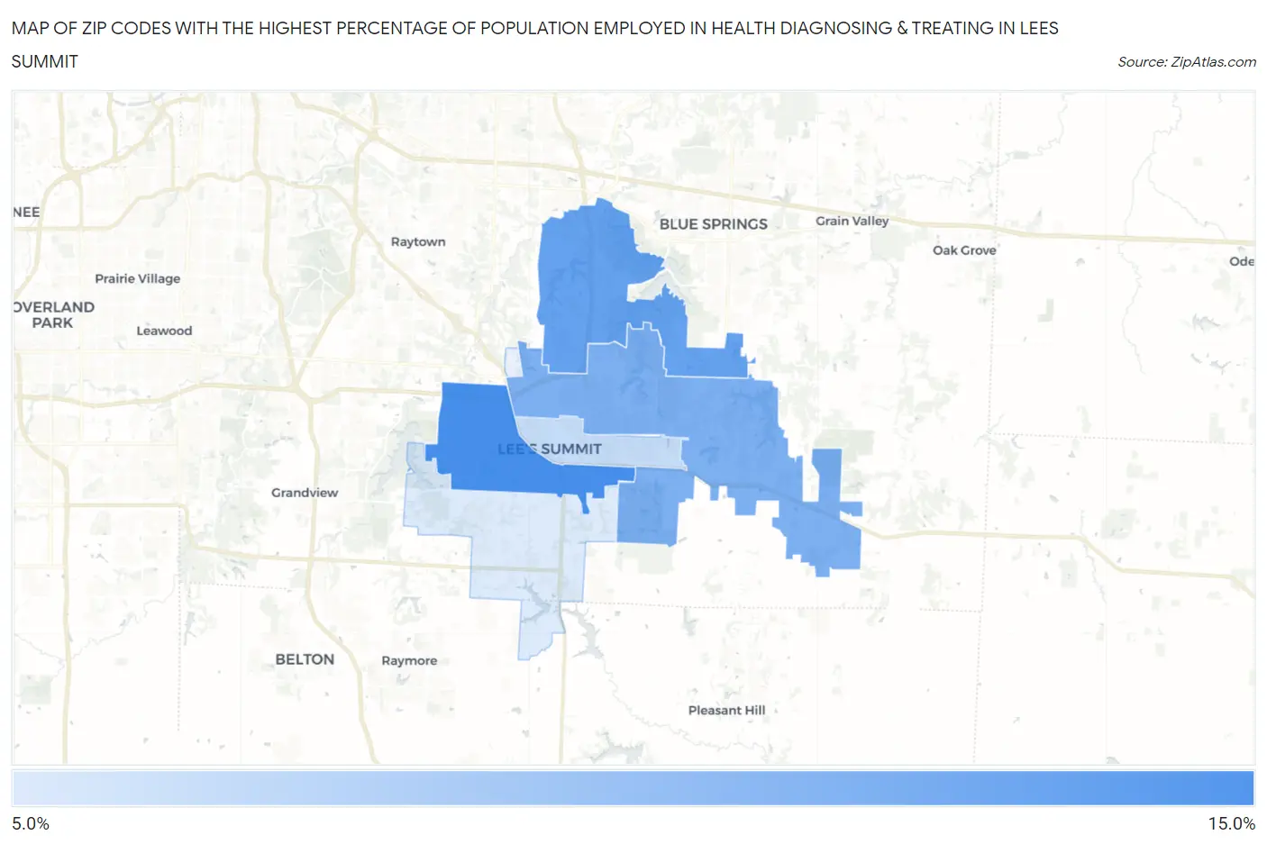 Zip Codes with the Highest Percentage of Population Employed in Health Diagnosing & Treating in Lees Summit Map