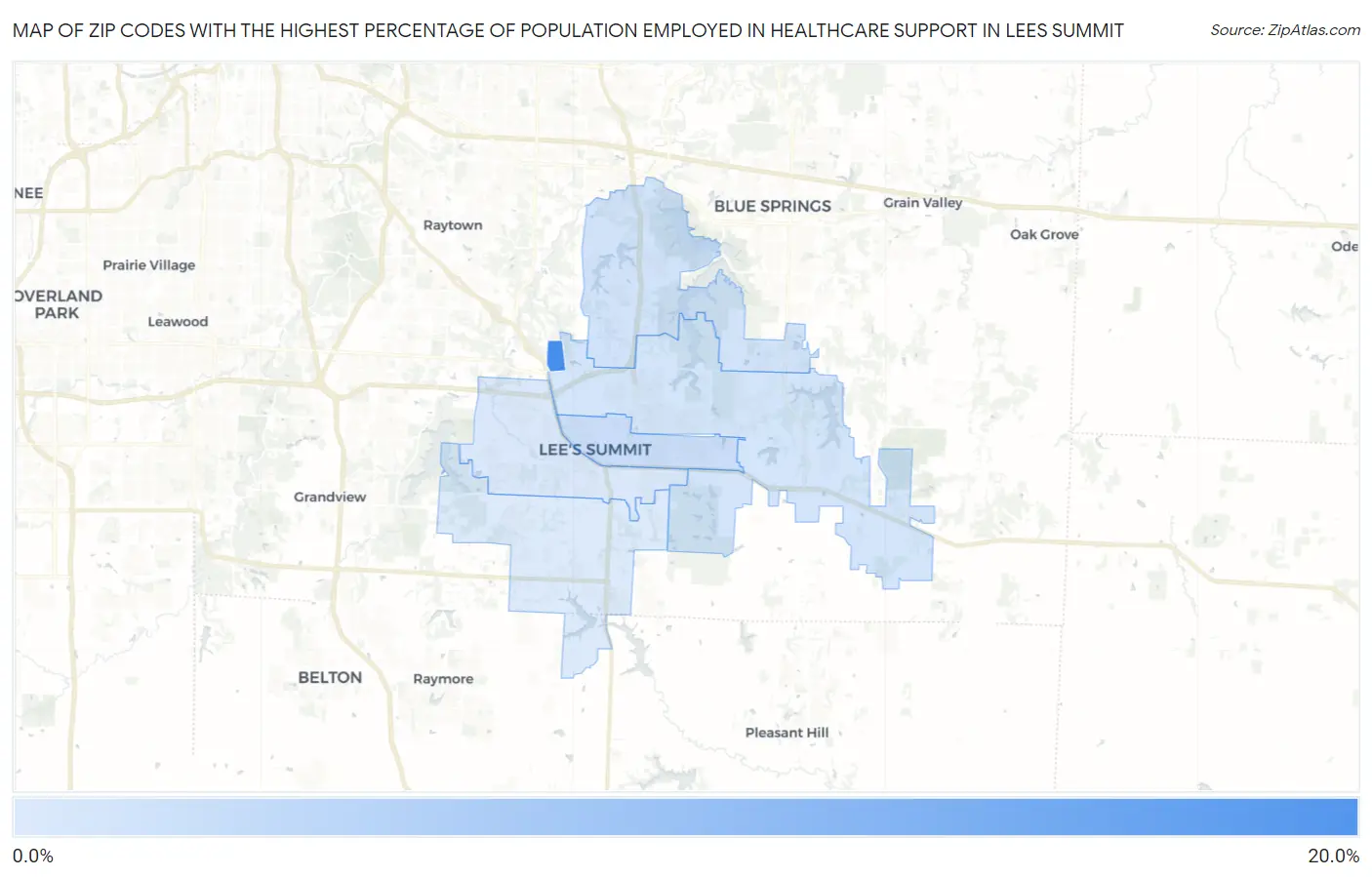 Zip Codes with the Highest Percentage of Population Employed in Healthcare Support in Lees Summit Map