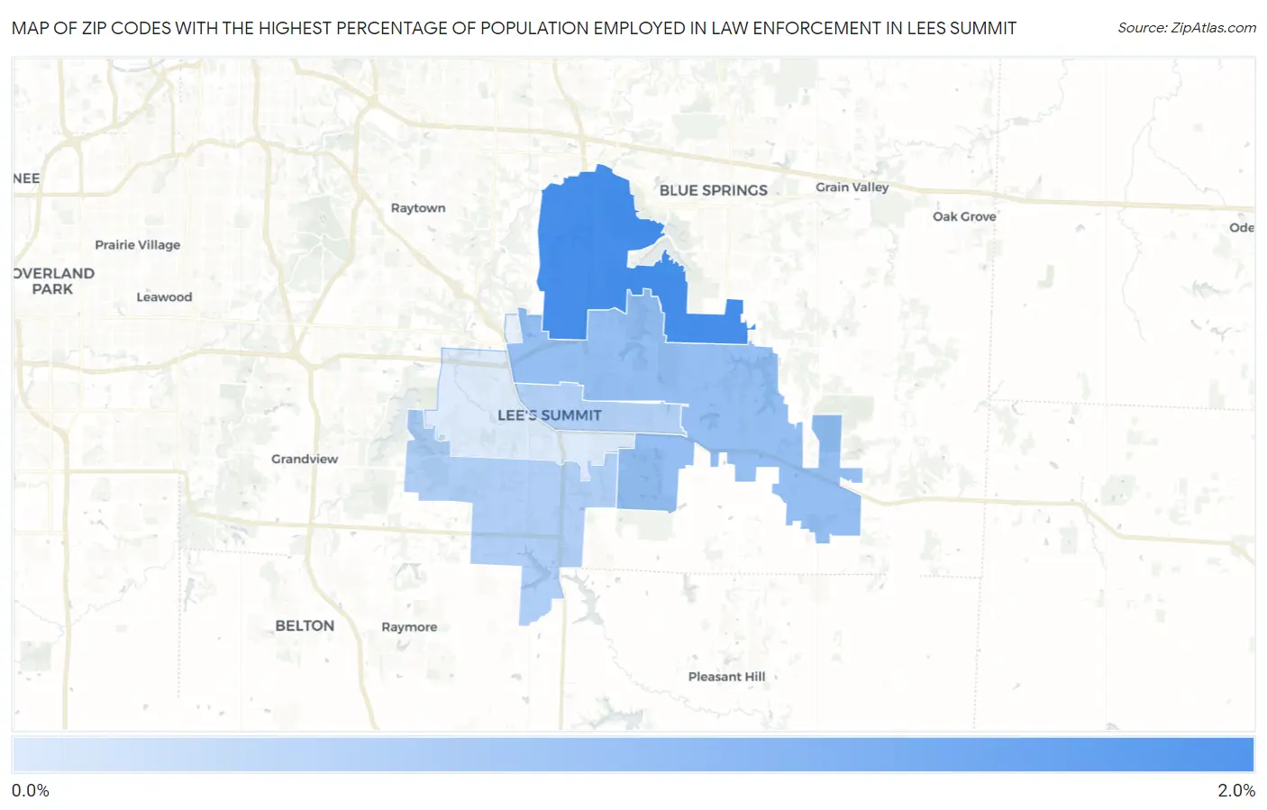 Zip Codes with the Highest Percentage of Population Employed in Law Enforcement in Lees Summit Map