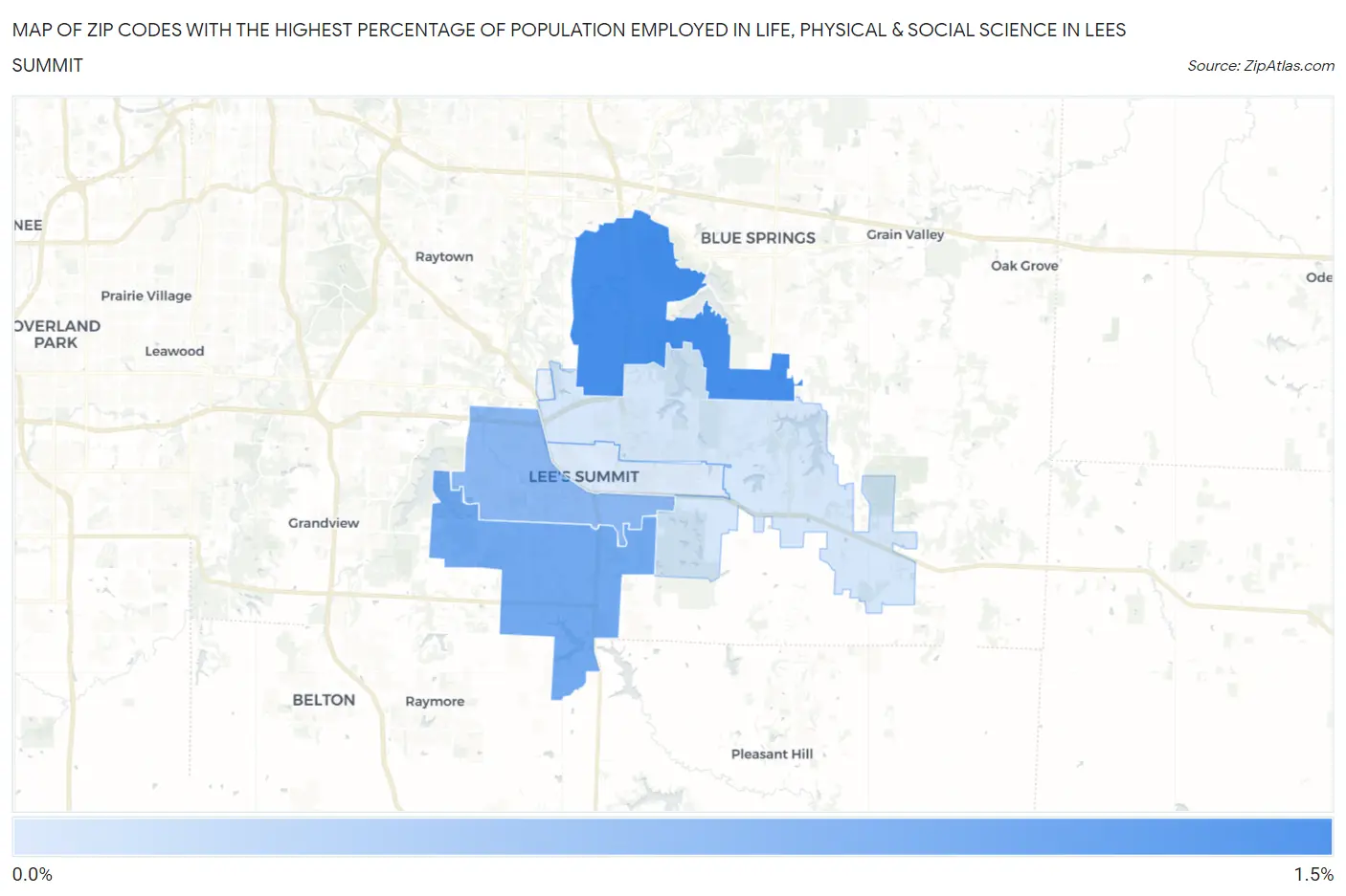 Zip Codes with the Highest Percentage of Population Employed in Life, Physical & Social Science in Lees Summit Map