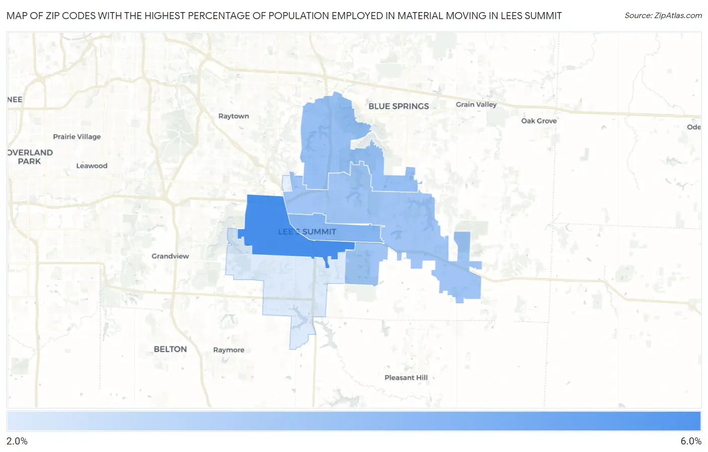 Zip Codes with the Highest Percentage of Population Employed in Material Moving in Lees Summit Map