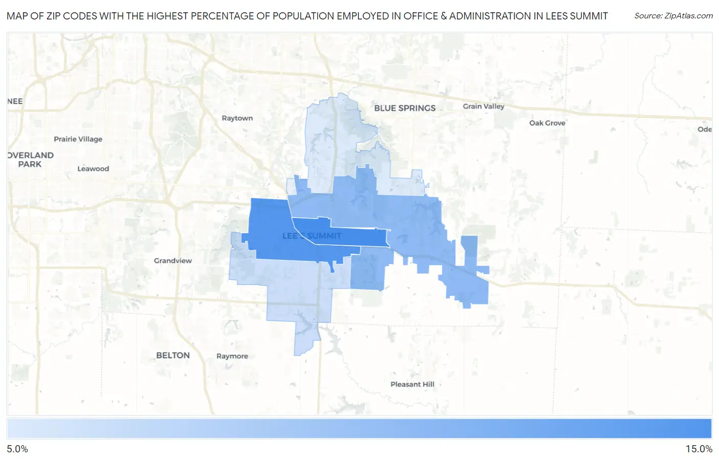 Zip Codes with the Highest Percentage of Population Employed in Office & Administration in Lees Summit Map