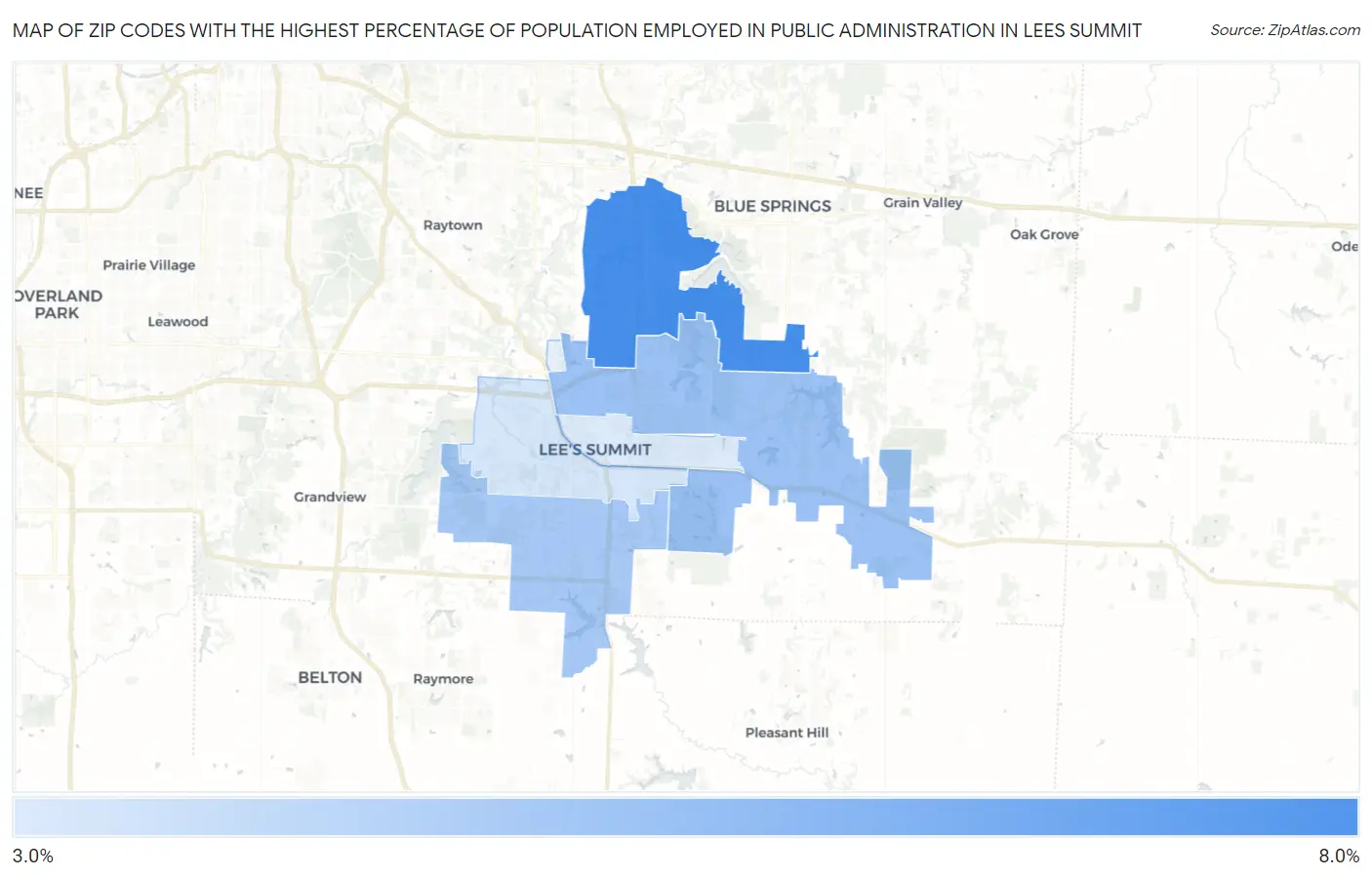 Zip Codes with the Highest Percentage of Population Employed in Public Administration in Lees Summit Map