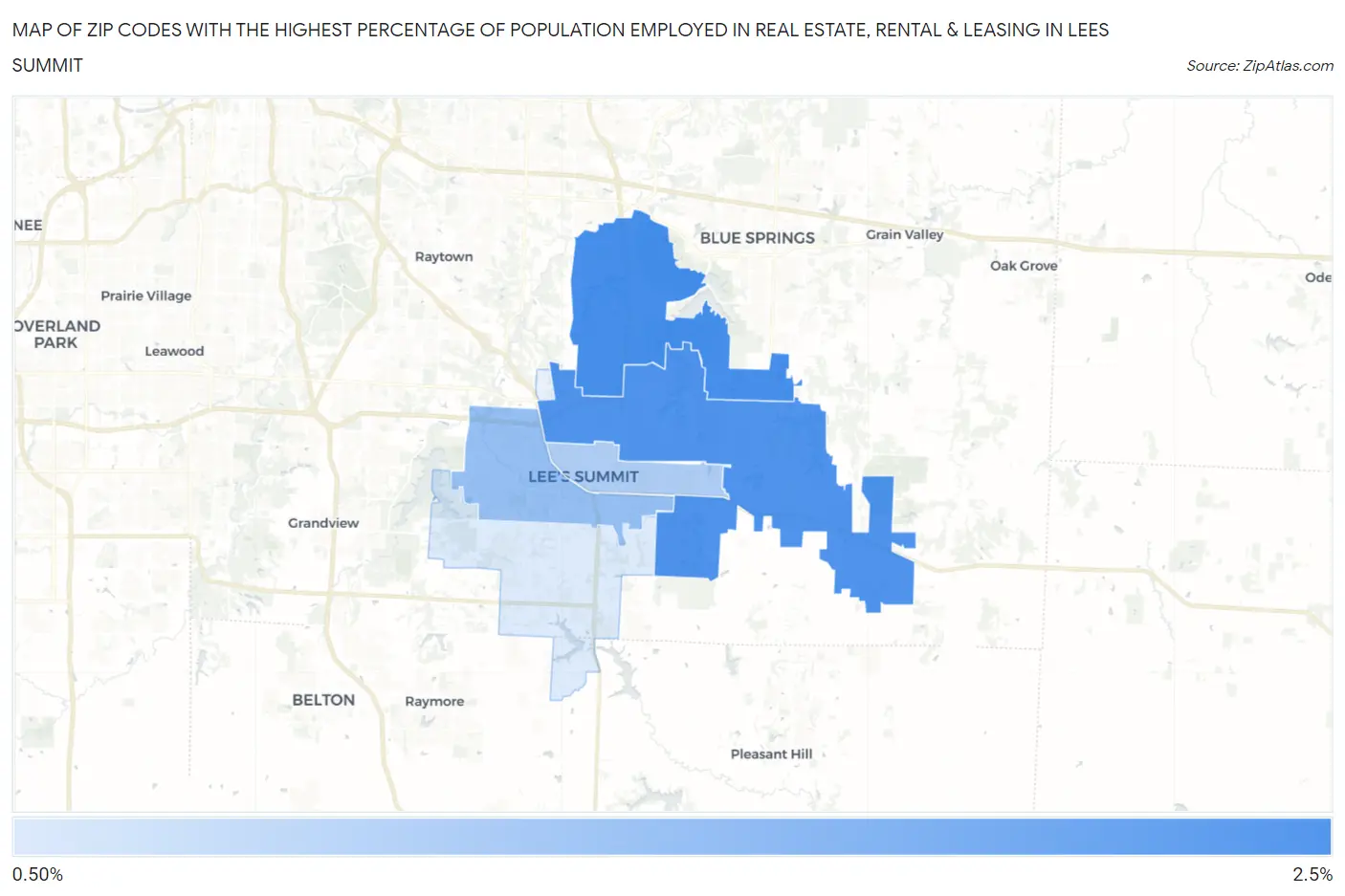 Zip Codes with the Highest Percentage of Population Employed in Real Estate, Rental & Leasing in Lees Summit Map