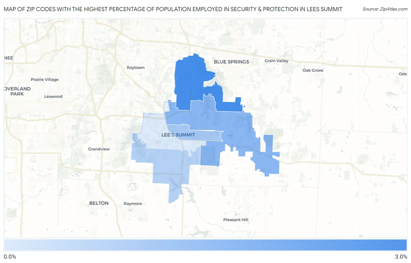 Zip Codes with the Highest Percentage of Population Employed in Security & Protection in Lees Summit Map