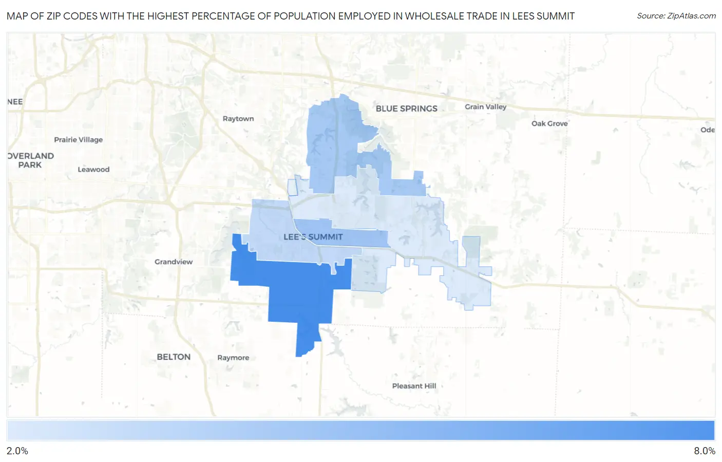 Zip Codes with the Highest Percentage of Population Employed in Wholesale Trade in Lees Summit Map