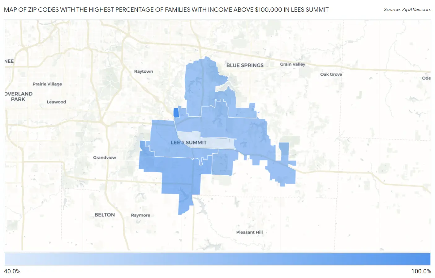 Zip Codes with the Highest Percentage of Families with Income Above $100,000 in Lees Summit Map
