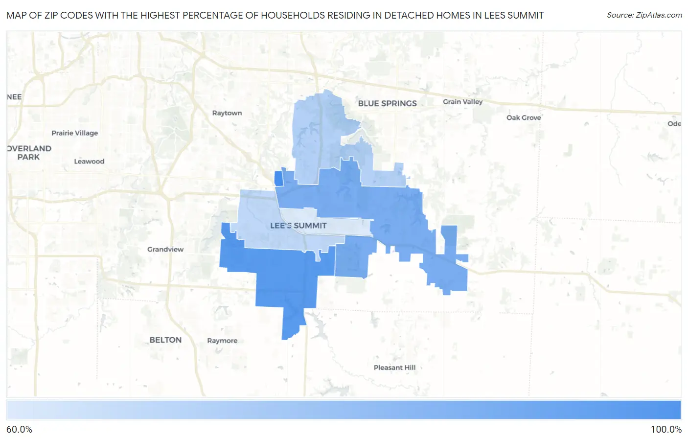 Zip Codes with the Highest Percentage of Households Residing in Detached Homes in Lees Summit Map
