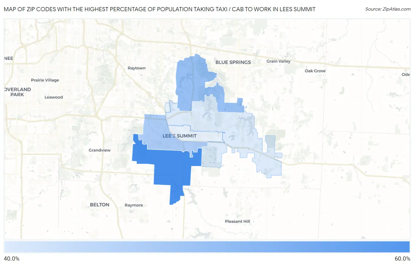 Zip Codes with the Highest Percentage of Population Taking Taxi / Cab to Work in Lees Summit Map
