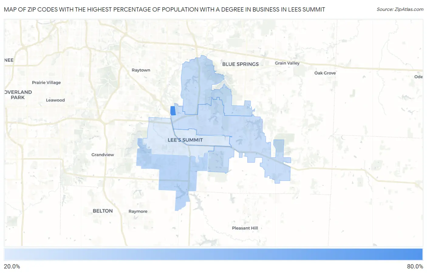 Zip Codes with the Highest Percentage of Population with a Degree in Business in Lees Summit Map