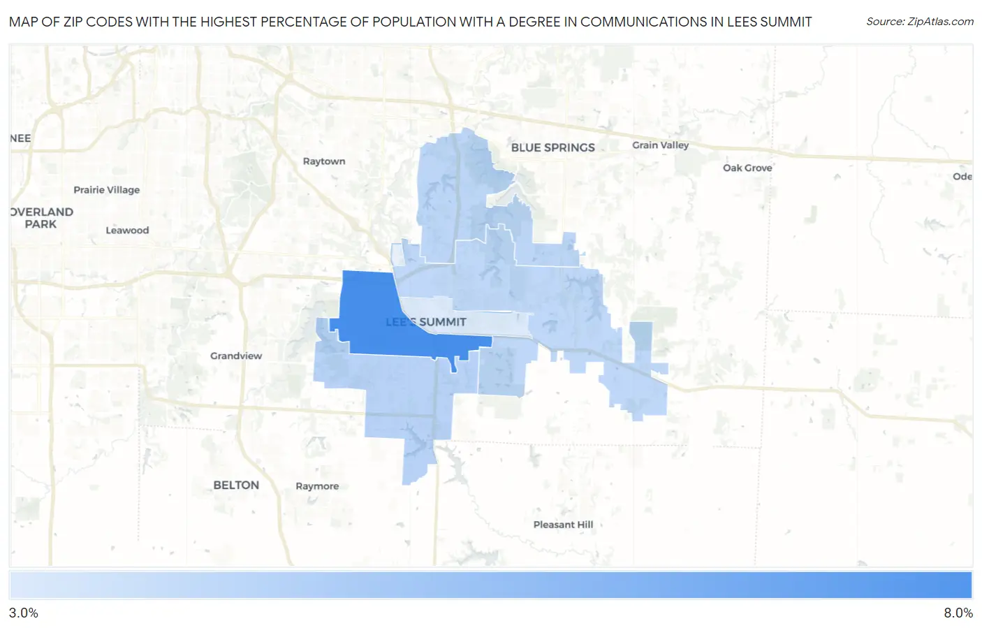 Zip Codes with the Highest Percentage of Population with a Degree in Communications in Lees Summit Map