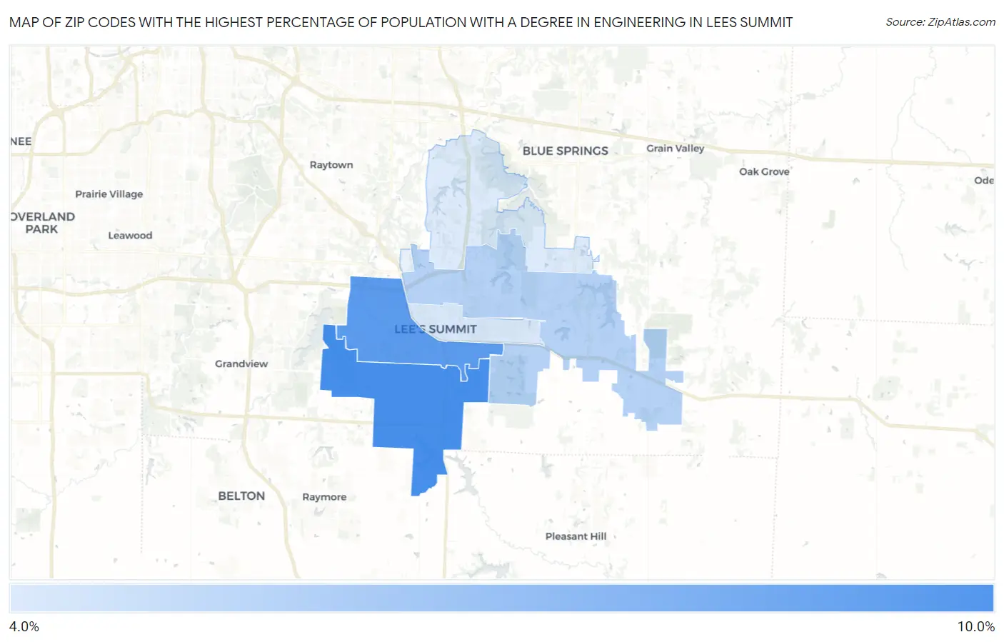 Zip Codes with the Highest Percentage of Population with a Degree in Engineering in Lees Summit Map