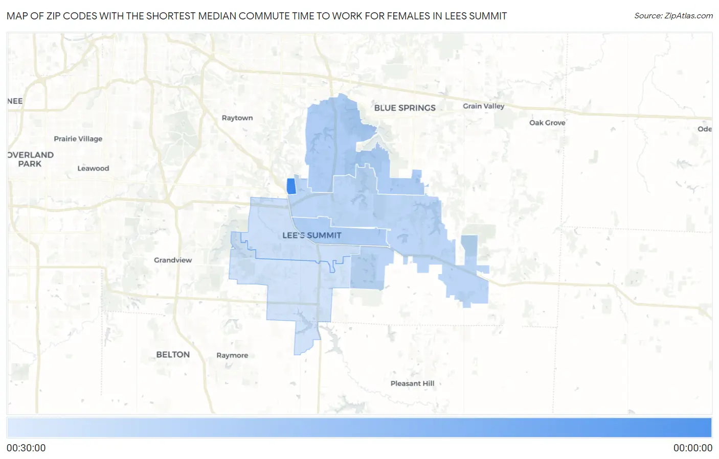Zip Codes with the Shortest Median Commute Time to Work for Females in Lees Summit Map