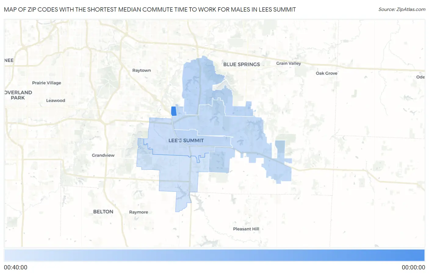 Zip Codes with the Shortest Median Commute Time to Work for Males in Lees Summit Map