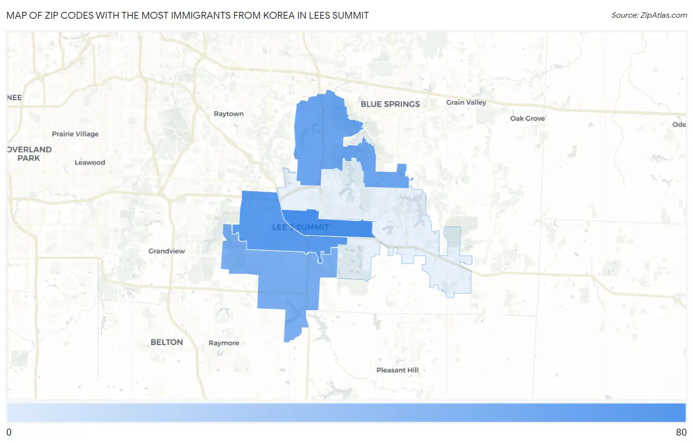 Zip Codes with the Most Immigrants from Korea in Lees Summit Map