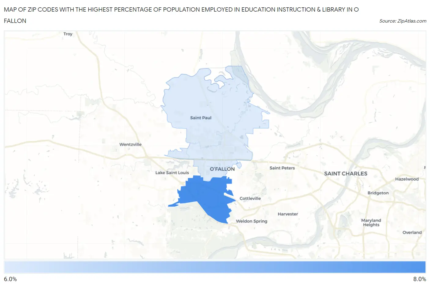 Zip Codes with the Highest Percentage of Population Employed in Education Instruction & Library in O Fallon Map