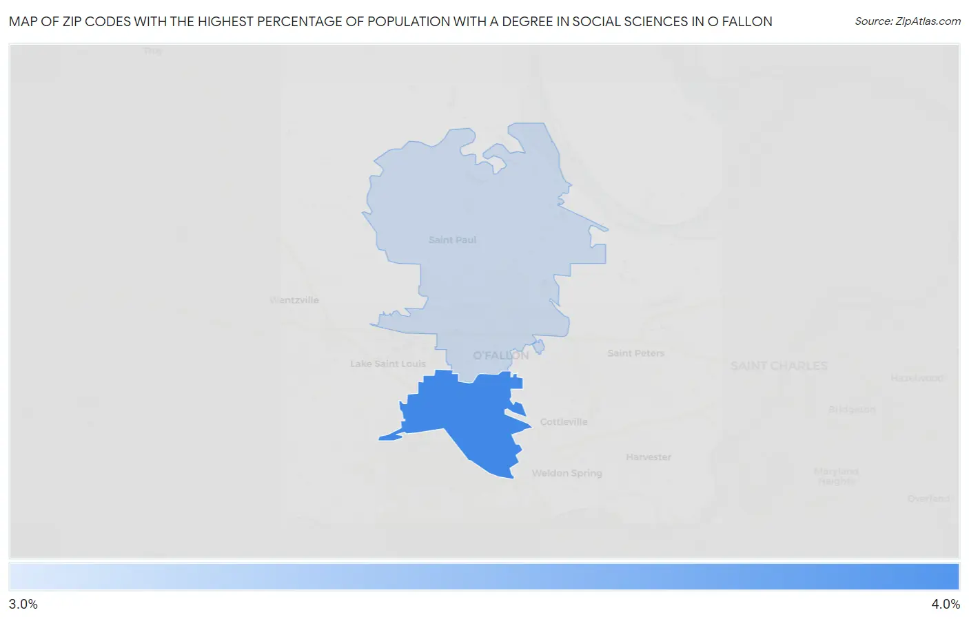 Zip Codes with the Highest Percentage of Population with a Degree in Social Sciences in O Fallon Map