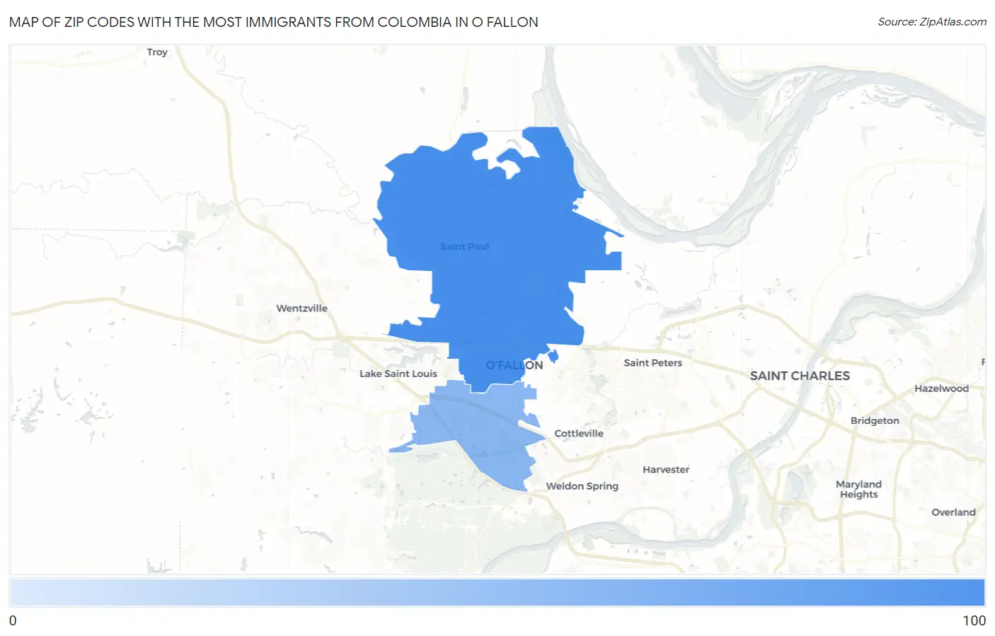 Zip Codes with the Most Immigrants from Colombia in O Fallon Map