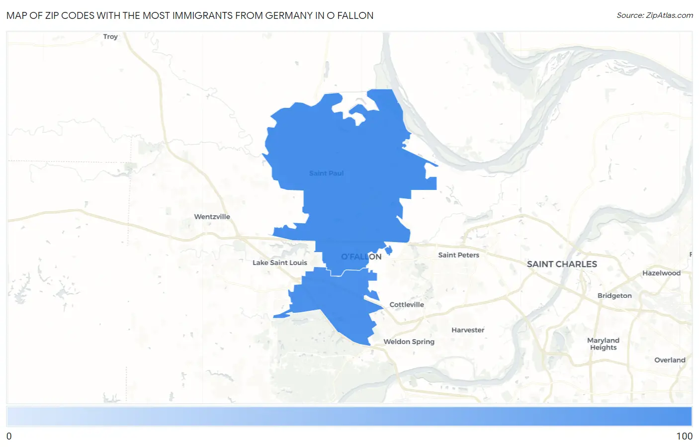 Zip Codes with the Most Immigrants from Germany in O Fallon Map
