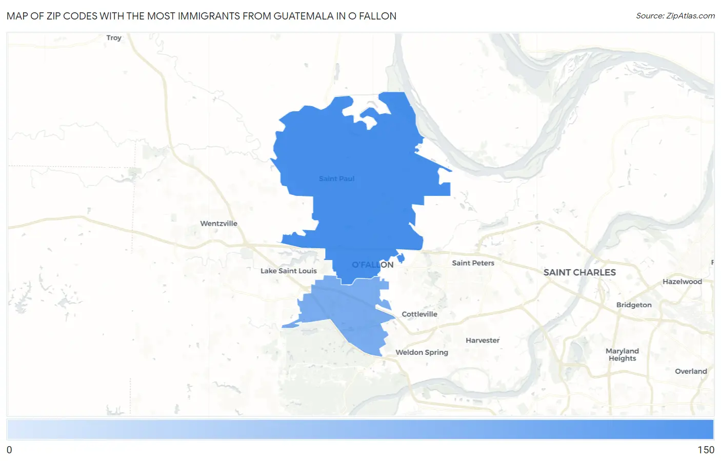 Zip Codes with the Most Immigrants from Guatemala in O Fallon Map