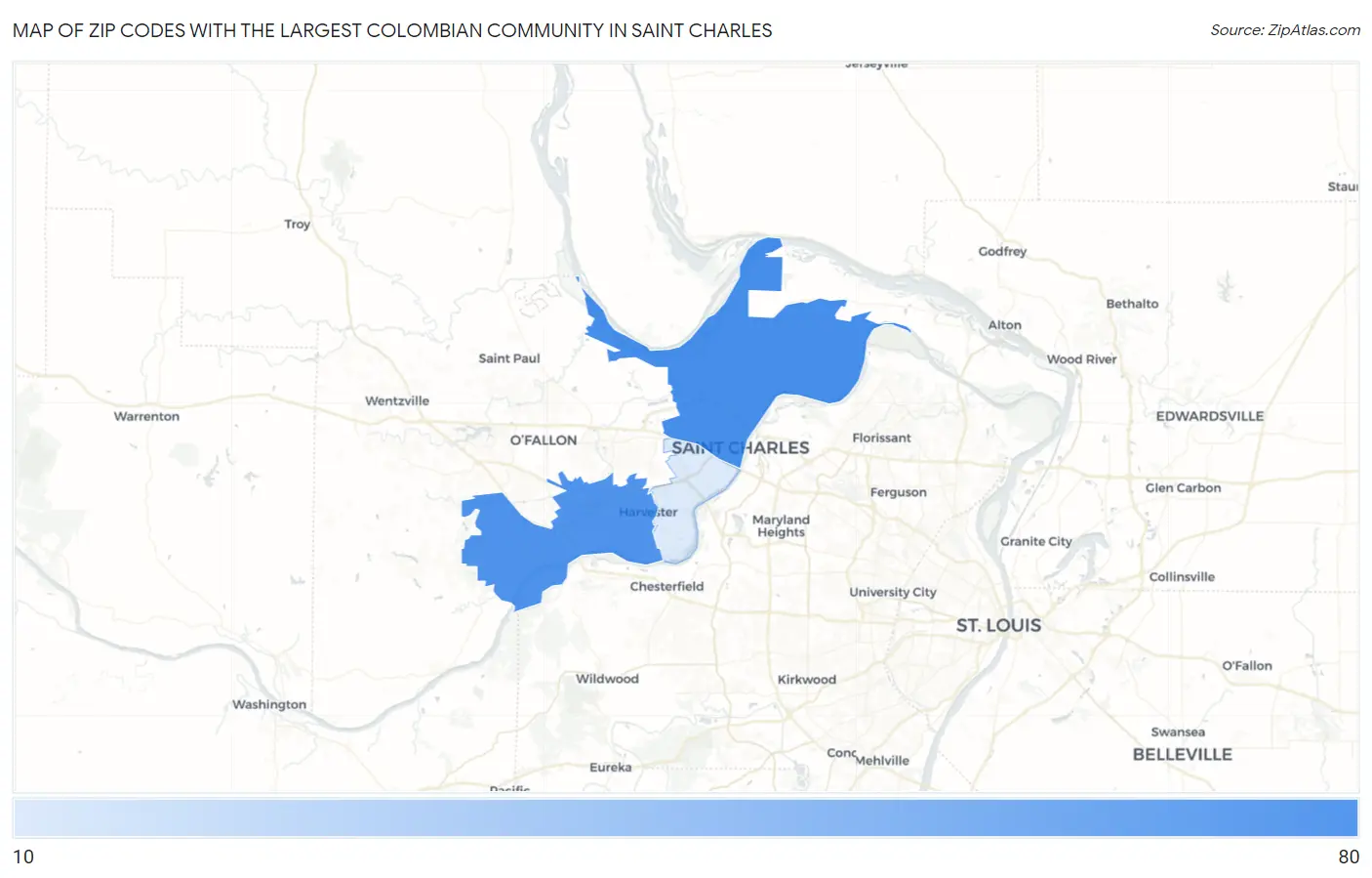 Zip Codes with the Largest Colombian Community in Saint Charles Map