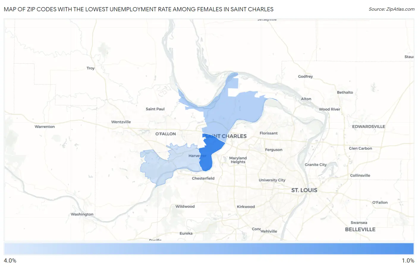 Zip Codes with the Lowest Unemployment Rate Among Females in Saint Charles Map