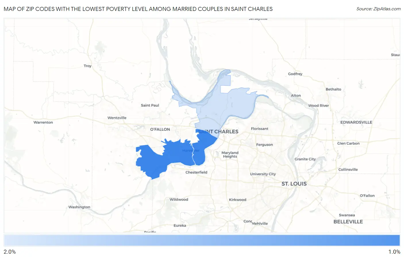 Zip Codes with the Lowest Poverty Level Among Married Couples in Saint Charles Map