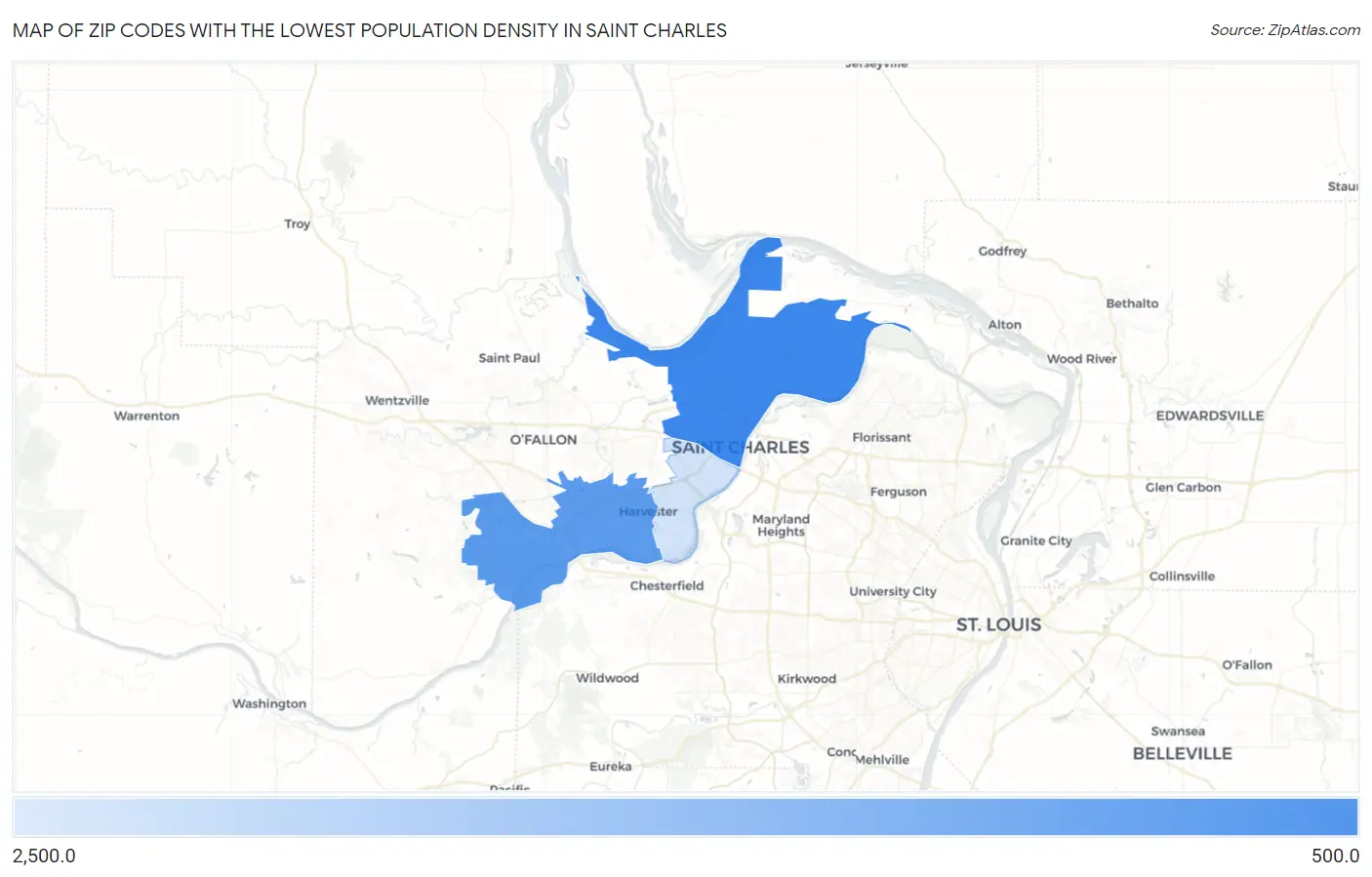 Zip Codes with the Lowest Population Density in Saint Charles Map