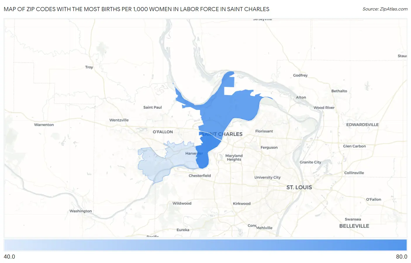 Zip Codes with the Most Births per 1,000 Women in Labor Force in Saint Charles Map